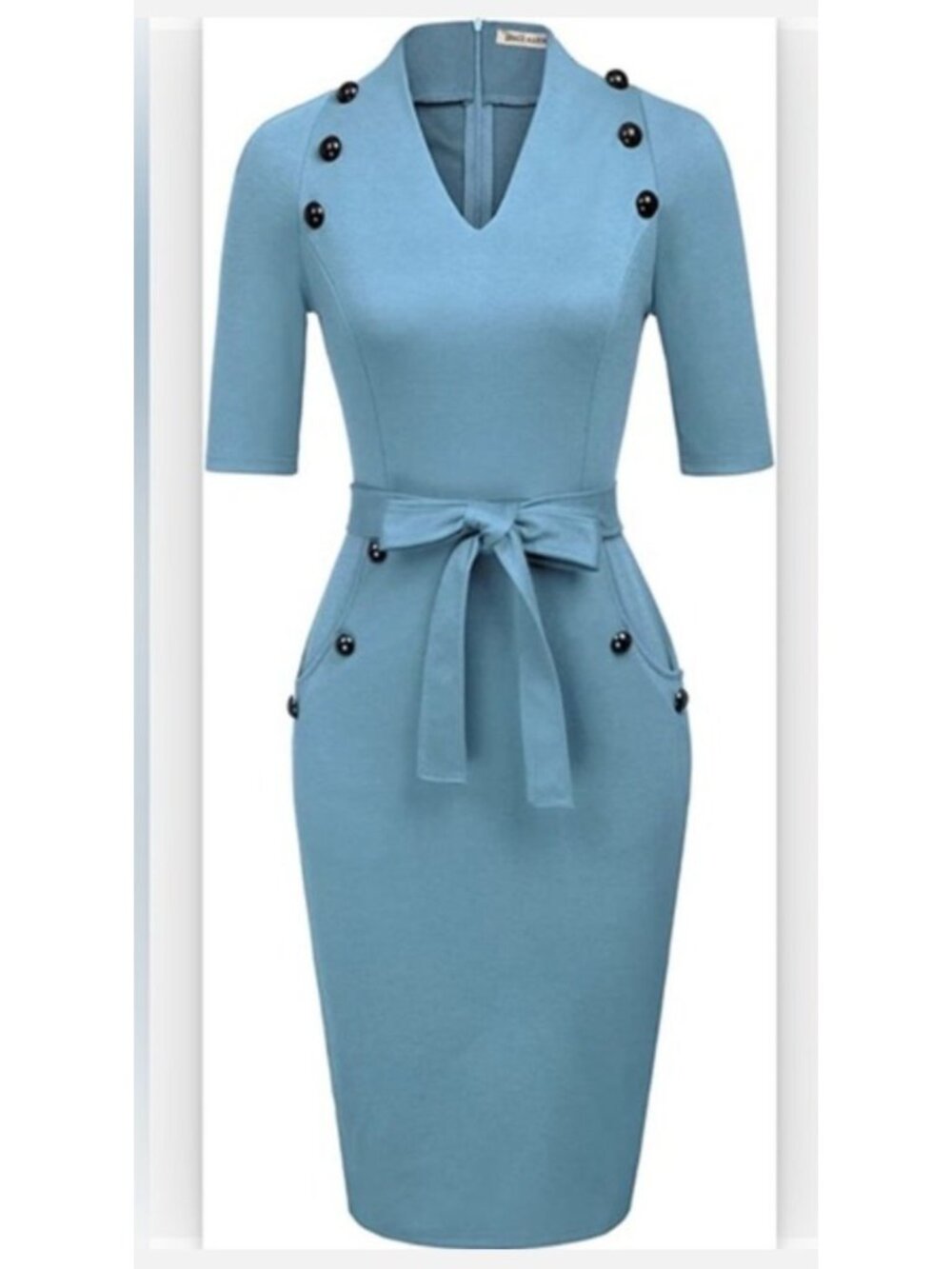 Grace Karin Blue Short-Sleeve Buttoned Dress With Tie Belt & Pockets - Size L